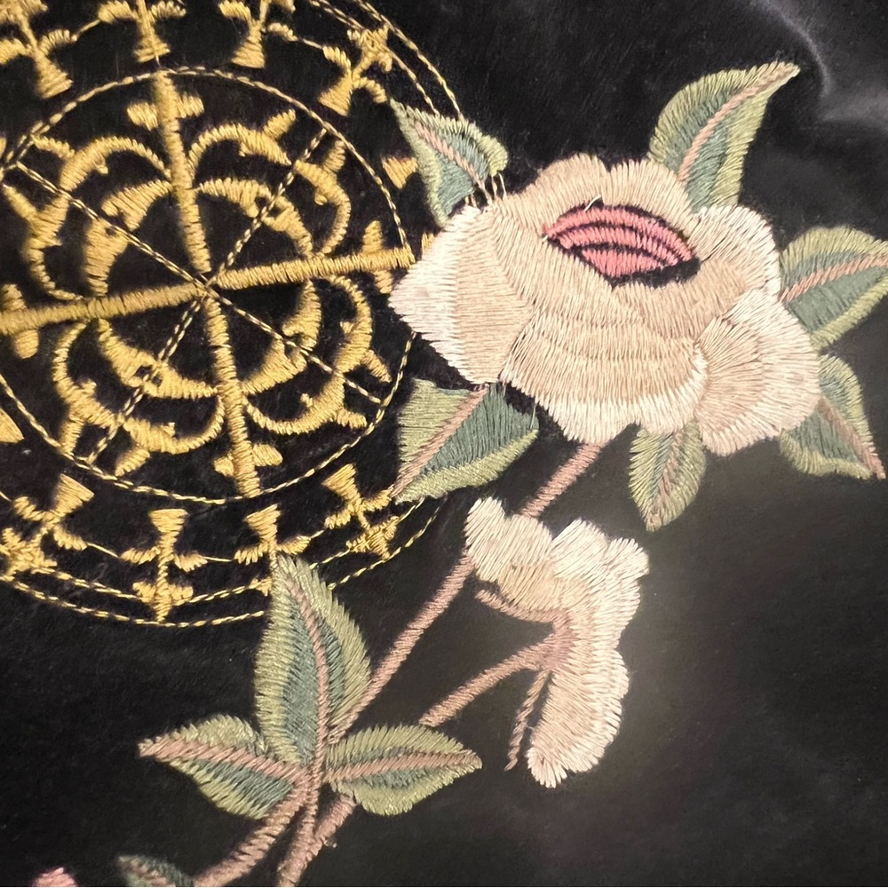 CAbi Black Velvet Trench Coat with Gold and Green Embroidery - Picture 4 of 6
